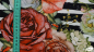 Preview: schwarz weiß gestreift, mit rosa großen Rosen und Grünpflanzen